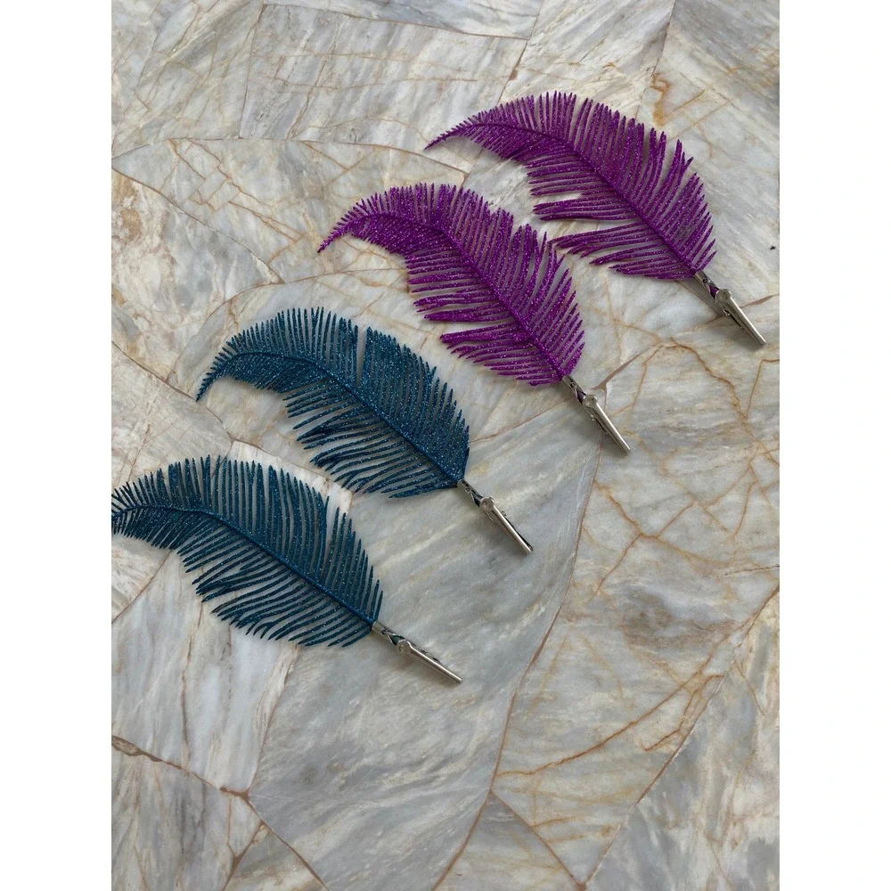 Set of 4 Glitter Feather Hair Clips Teal Blue and Purple Plume Alligator Clips